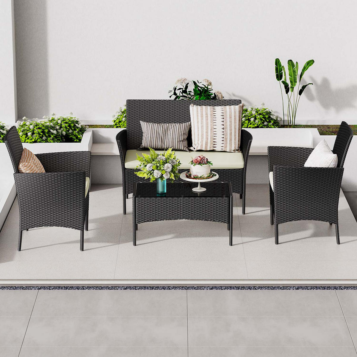 ECKSOFA Loungeset 4tlg Schwarz Gartensofa Set - Schwarz, Textil - Rattrix
