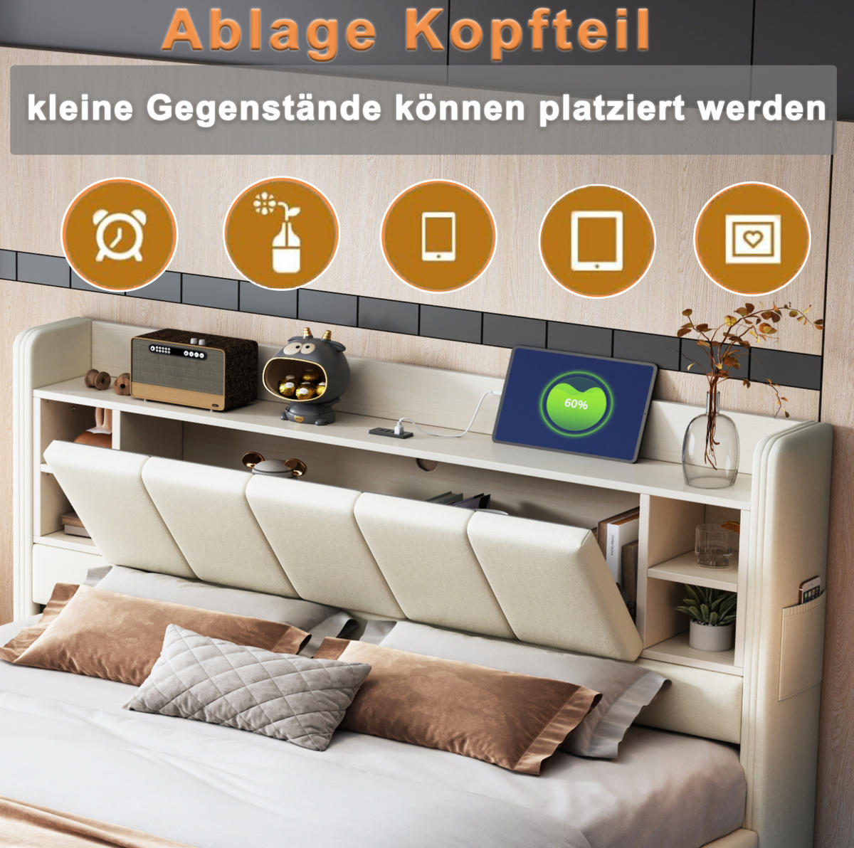 POLSTERBETT 160/200 cm Beige mit USB-Anschluss und LED-Beleuchtung - Beige, Textil (160/200cm) - OKWISH