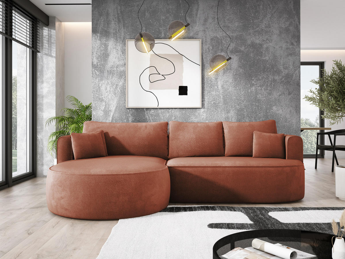 ECKSOFA FIORE-L Moderne Ausziehbare Schlaf-Funktion, automatischer Auffaltung, lose Rückenkissen freistehend LINKS 284x183x82 cm cm Brown - Braun, Holz/Textil (183/284cm) - DomoHome