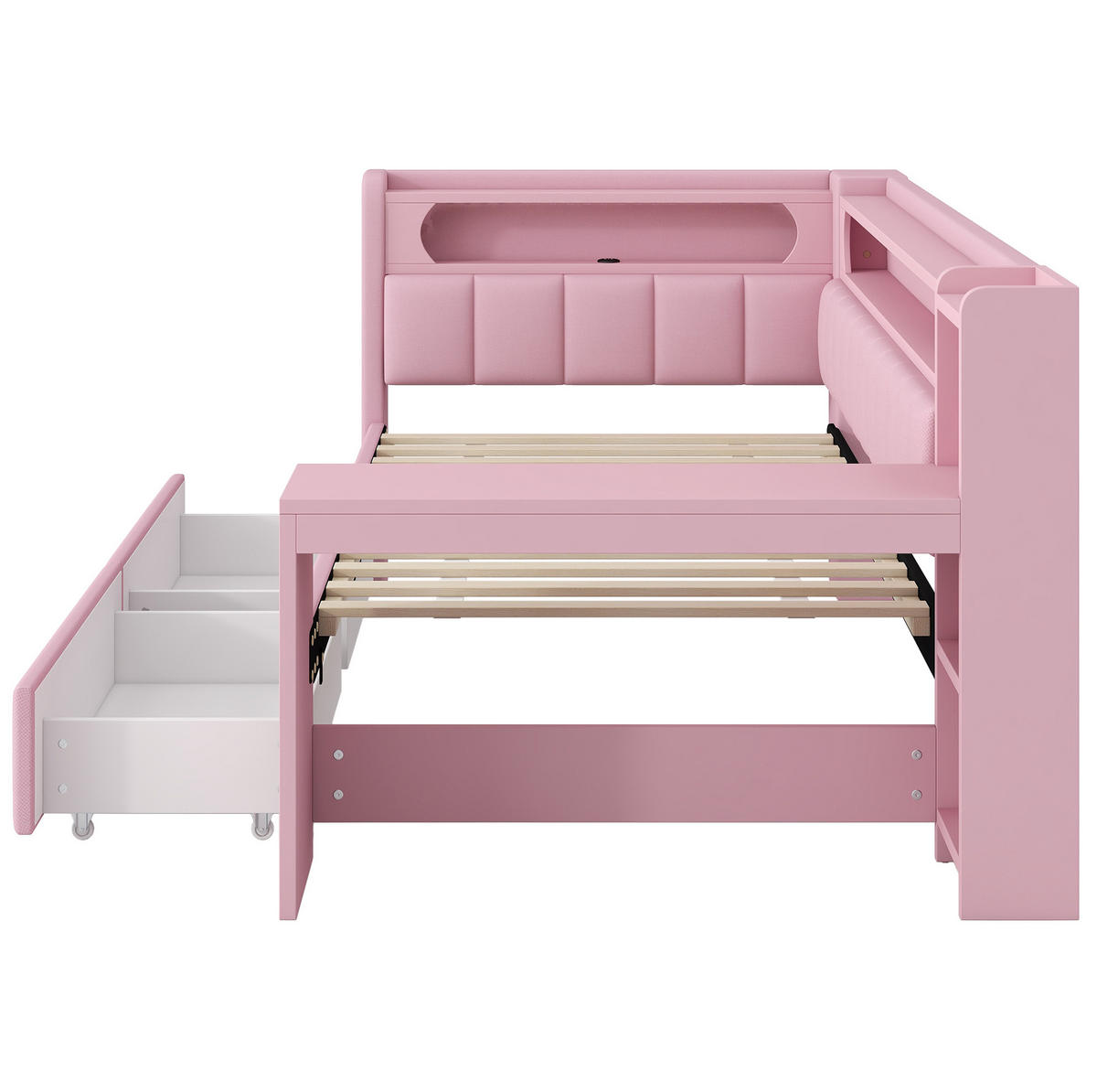 KINDERBETT 90/200 cm Rosa mit LED-Beleuchtung USB-Anschluss Schreibtisch und Schubladen - Rosa, Textil (90/200cm) - OKWISH