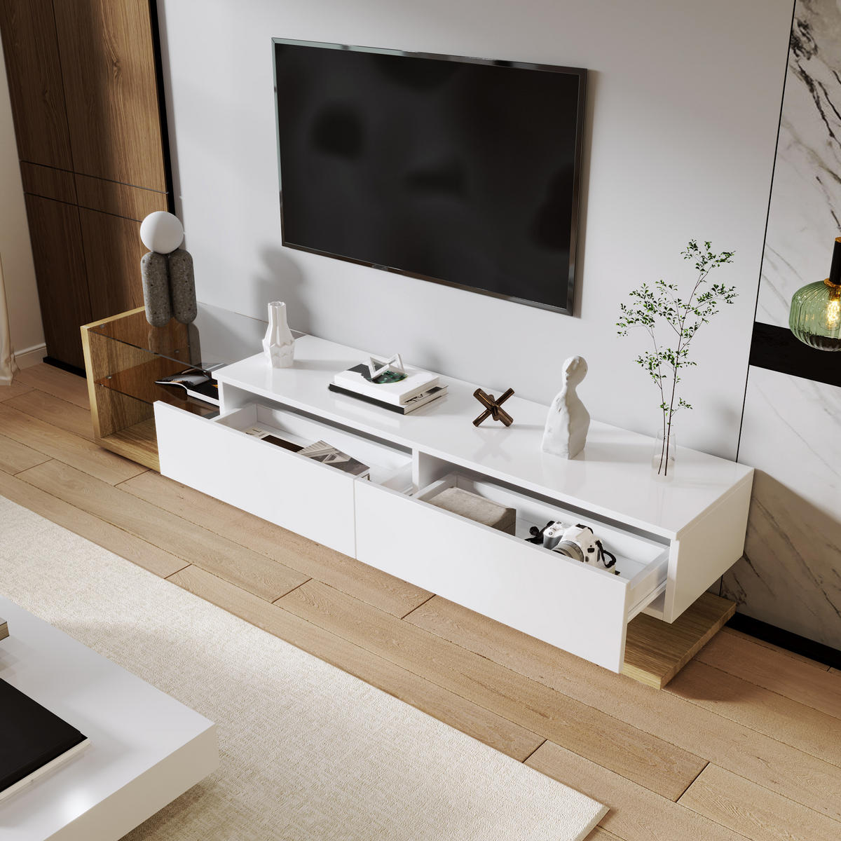 LOWBOARD in Weiß und Naturfarben mit modernem Design und LED-Beleuchtung für Wohnzimmer, B170/T36/H38 cm - Weiß, Glas/Holzwerkstoff (170/38/36cm) - STILVORA