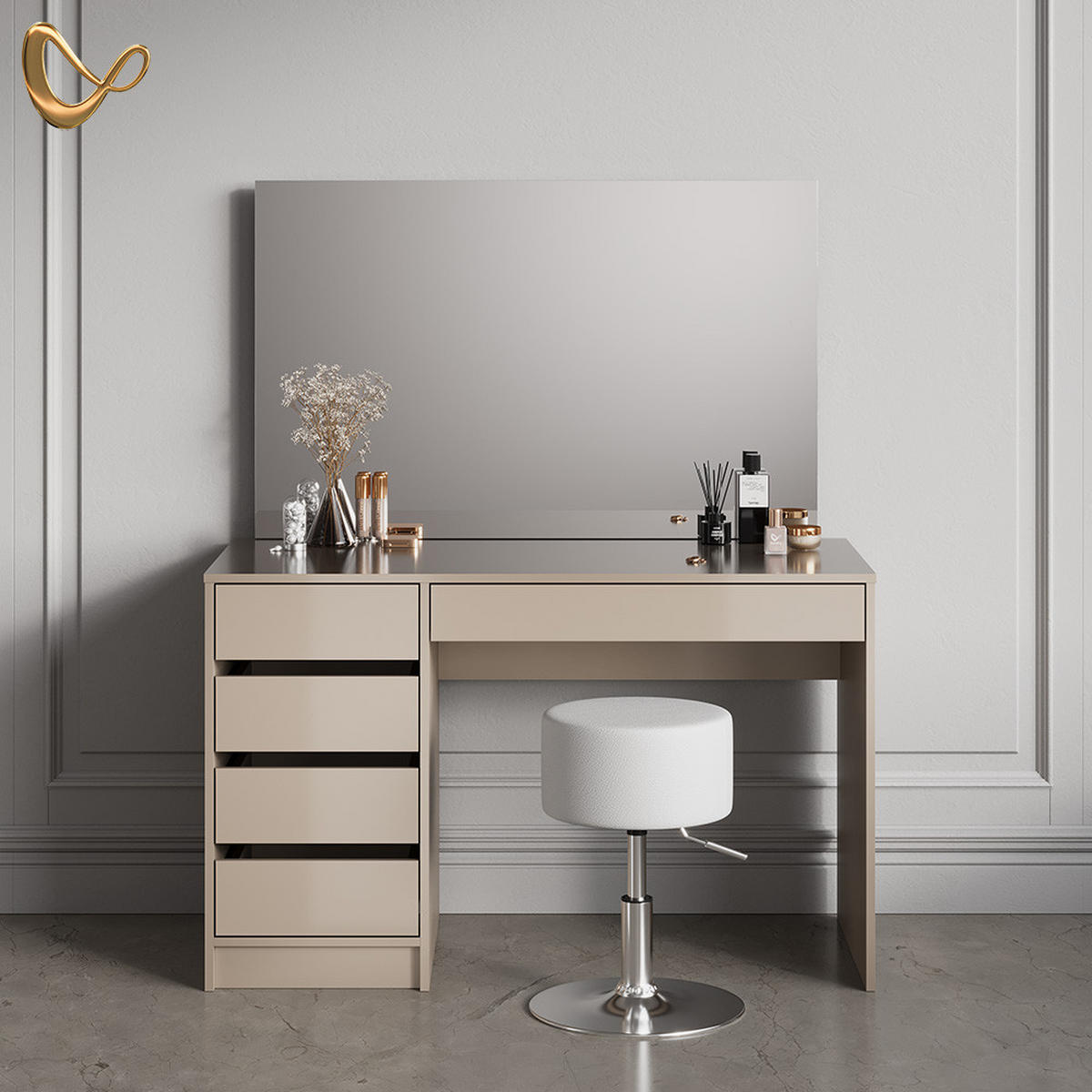 SCHMINKTISCH Imola Greige 120 cm mit Hocker - Greige, Holzwerkstoff (120/75/55cm) - Livinity®