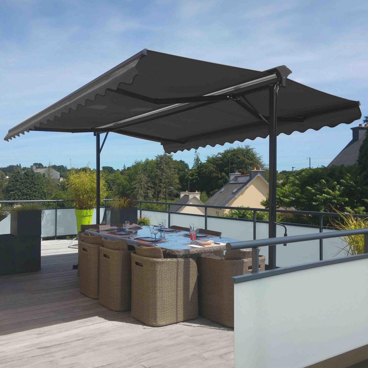 DOPPELSCHRÄGMARKISE 3x3m mit 4 Gewichtsplatten, Grau - Grau, Metall (300/250/300cm) - Oviala