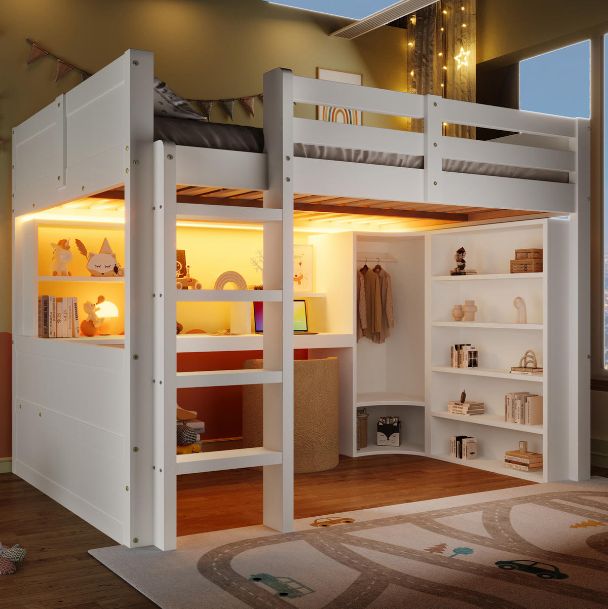 HOCHBETT aus Kiefer 140x200 cm Weiß mit LED-Beleuchtung, Schreibtisch, Kleiderschrank und Stauraum - Weiß, Holzwerkstoff (140/200cm) - Modfu