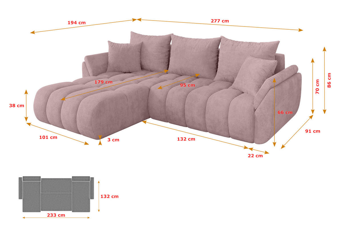 ROHOVÁ SEDAČKA s funkcí spaní, otoman vlevo TOKO-L-v1 277x194x86 růžová manšestr - růžová/černá, kompozitní dřevo/textil (277/194cm) - ALTDECOR