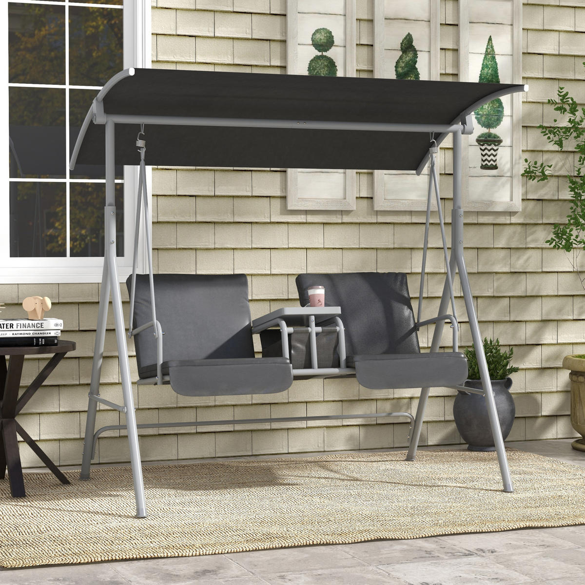 HOLLYWOODSCHAUKEL 2-Sitzer Schaukelbank mit Baldachin, Tasche, Tablett, Schwarz - Schwarz, Metall (110/165/175cm) - Outsunny