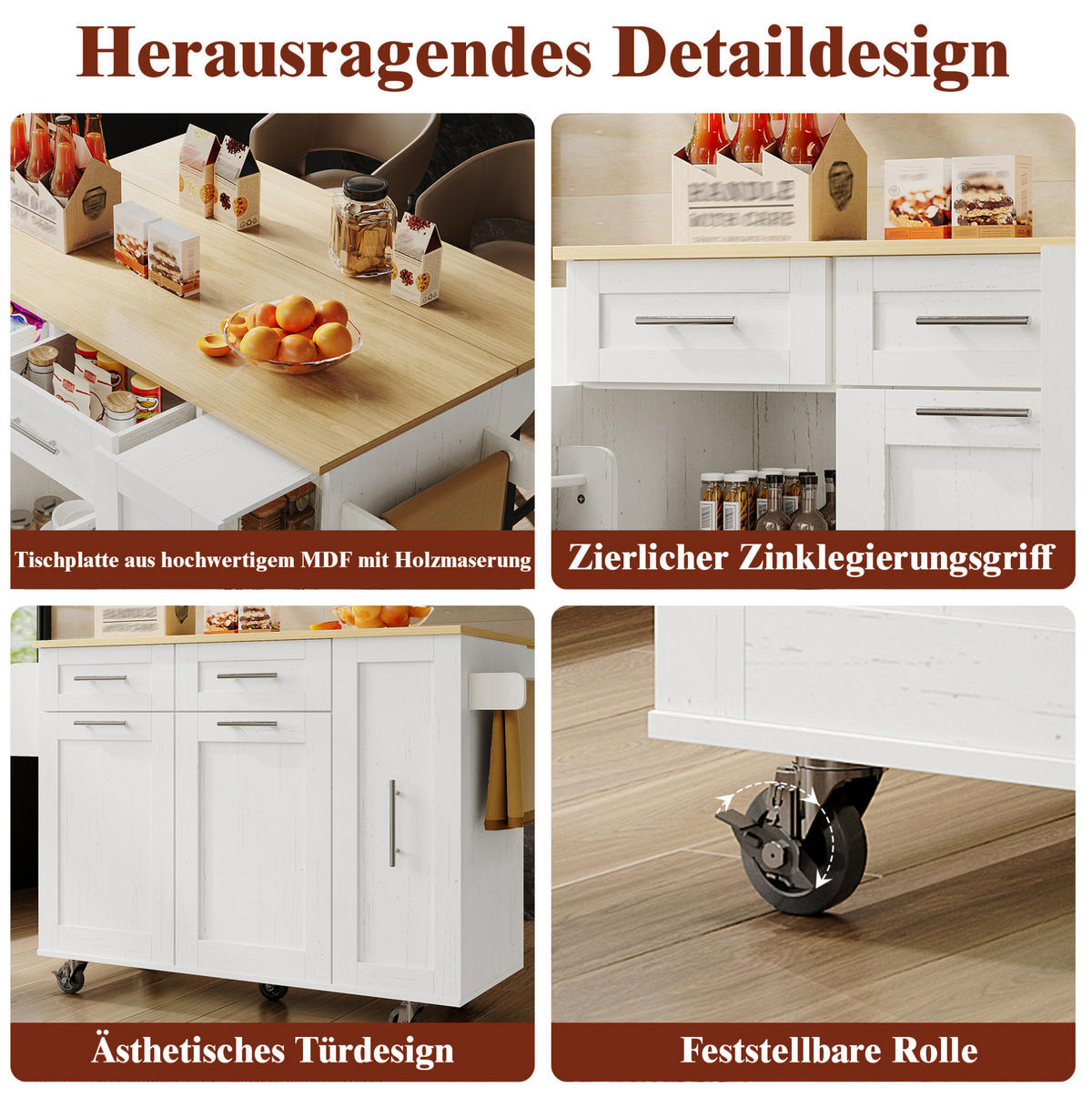 KÜCHENINSEL 110/46/90,5 cm Weiß aus MDF und Metall mit klappbarer Tischplatte - Weiß, Holzwerkstoff (74/90.5/110cm) - OKMYHOME