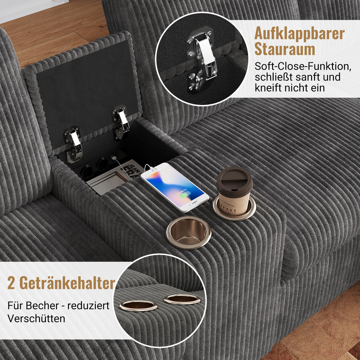 SOFA Grau U-Form Cord Stauraum USB Hocker 315cm Schlaffunktion - Grau, Textil (135/81/315cm) - FLIEKS