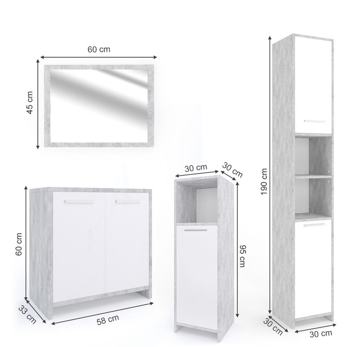 BADMÖBEL-SET Kiko Beton 4 Teile - Weiß/Grau, Holzwerkstoff (58/60/33cm) - Vicco