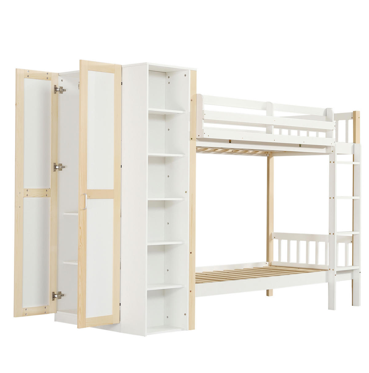 ETAGENBETT 90/200 cm, Weiß/Natur mit 6 offenen Regalen und Kleiderschrank - Weiß, Holz (90/200cm) - MIVRAY