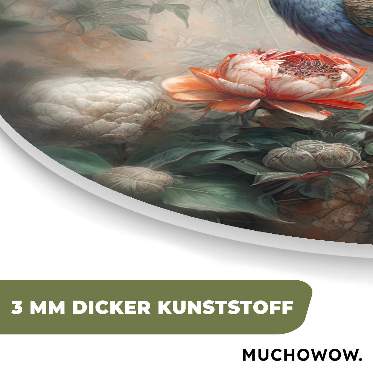 WANDBILD Pfau - Pfauenfedern - Vogel - Dschungel - Blumen 60x60 cm - Smaragdgrün, Kunststoff (60/60cm) - MuchoWow