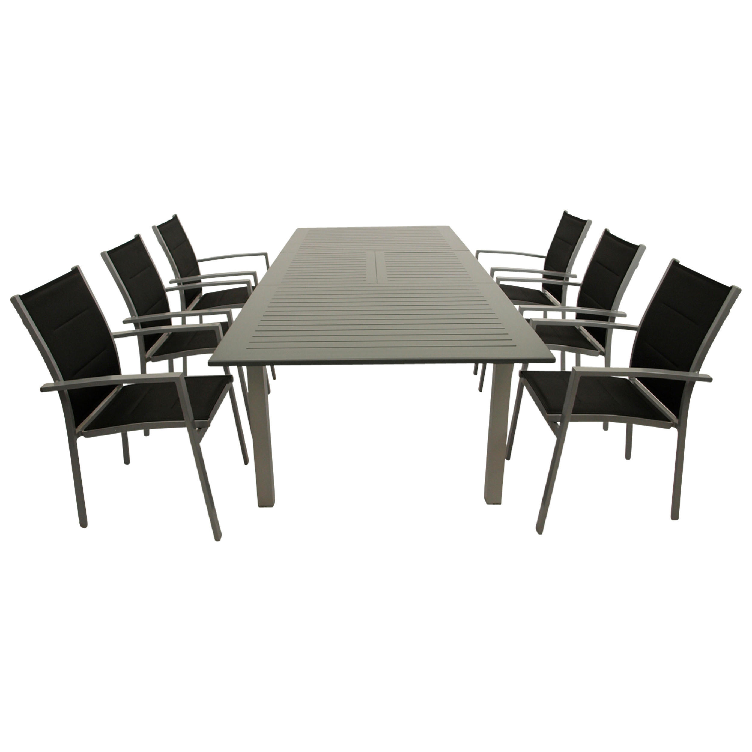 GARTEN-GARNITUR Ashford - 7-teilige Garten-Essgruppe (6x Stapelsessel mit Aluminiumgestell, Bespannung Textillehne schwarz, Ausziehtisch - Schwarz, Metall - TPFGarden