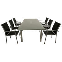 GARTEN-GARNITUR Ashford - 7-teilige Garten-Essgruppe (6x Stapelsessel mit Aluminiumgestell, Bespannung Textillehne schwarz, Ausziehtisch - Schwarz, Metall - TPFGarden