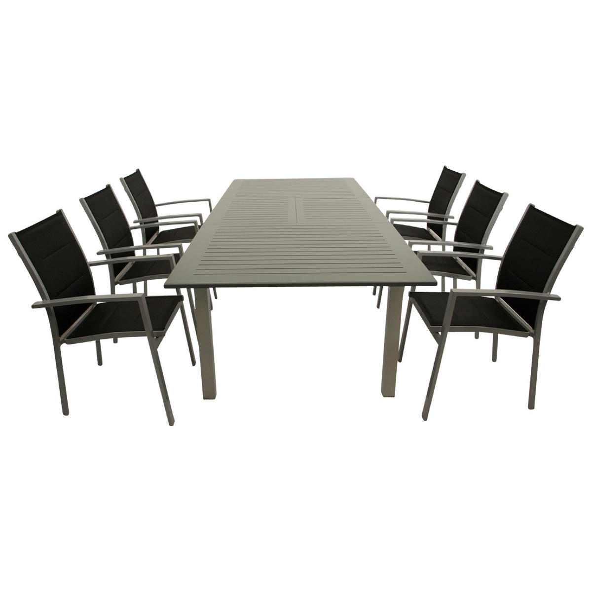 GARTEN-GARNITUR Ashford - 7-teilige Garten-Essgruppe (6x Stapelsessel mit Aluminiumgestell, Bespannung Textillehne schwarz, Ausziehtisch - Schwarz, Metall - TPFGarden