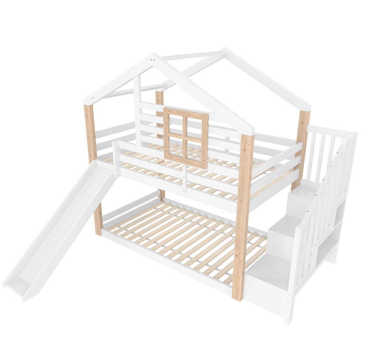 HAUSBETT 90/200 cm Weiß aus Holz mit Rutsche und Treppe mit Stauraum - Weiß, Holz (90/200cm) - Flora Grace