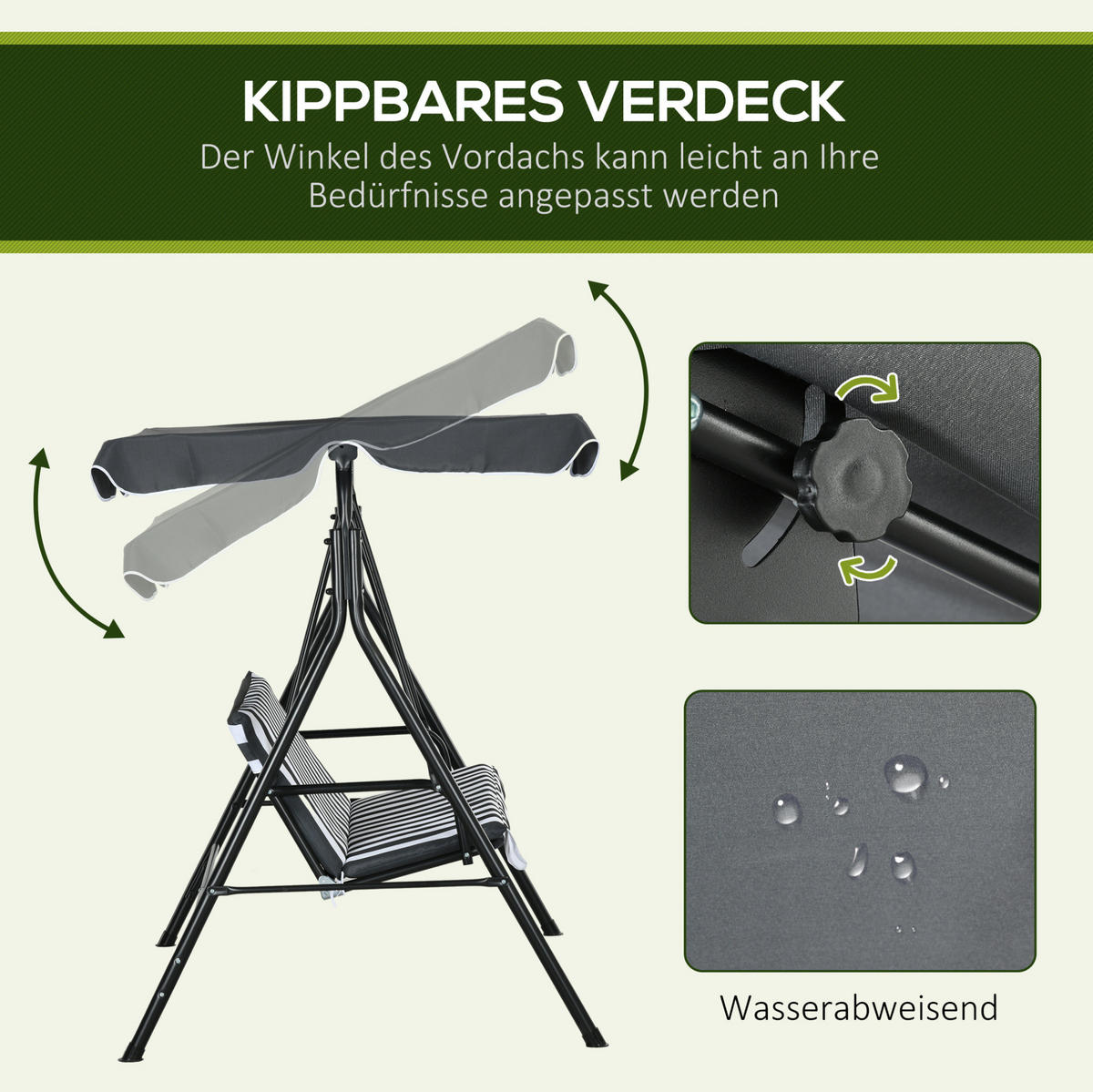 HOLLYWOODSCHAUKEL 172/110/153 cm mit Sitzpolster und verstellbarem Sonnendach, Grau - Grau, Textil (110/153/172cm) - Redom