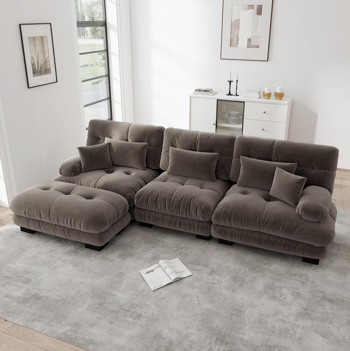 ECKSOFA 313/145/81 cm braun aus Chenille modular mit Ottomanen - Braun, Textil (145/313cm) - OKWISH