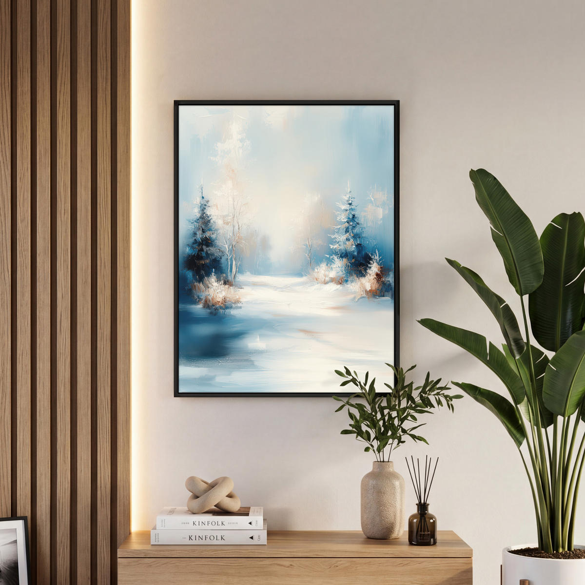 LEINWAND Bilder mit Rahmen - Wald – Winter – Natur – Abstrakt – Schnee - 60x80 - Weiß, Textil (60/80cm) - MuchoWow