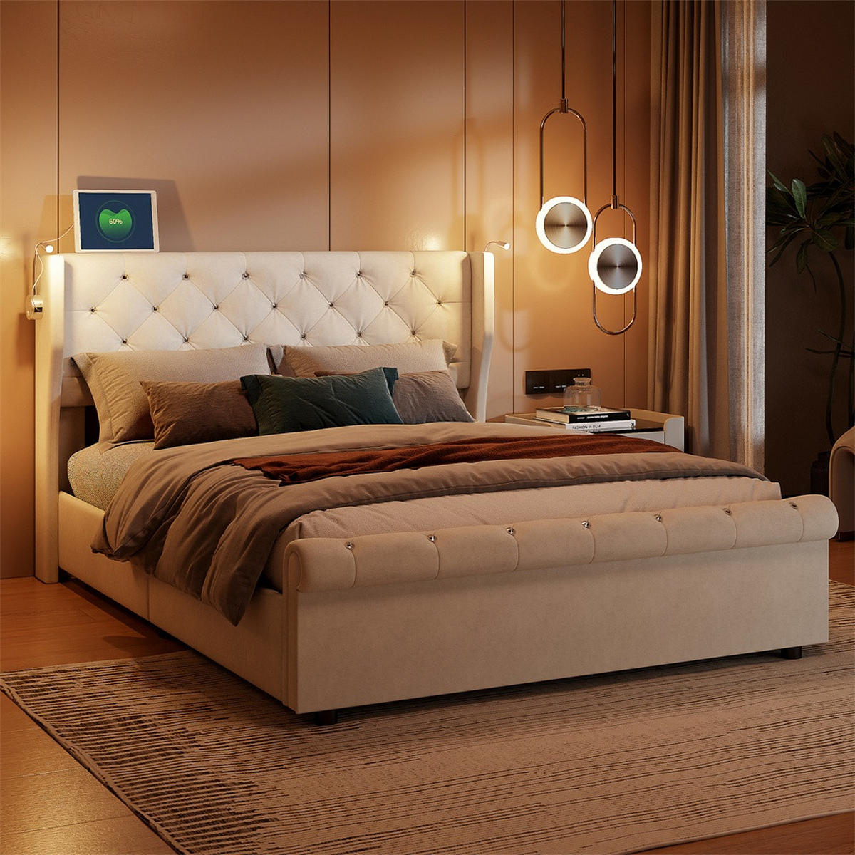 POLSTERBETT 160x200 cm mit verstellbaren Leseleuchten - USB-Anschluss und hydraulischem Stauraum - ohne Matratze - Beige, Textil (160/200cm) - DELFA