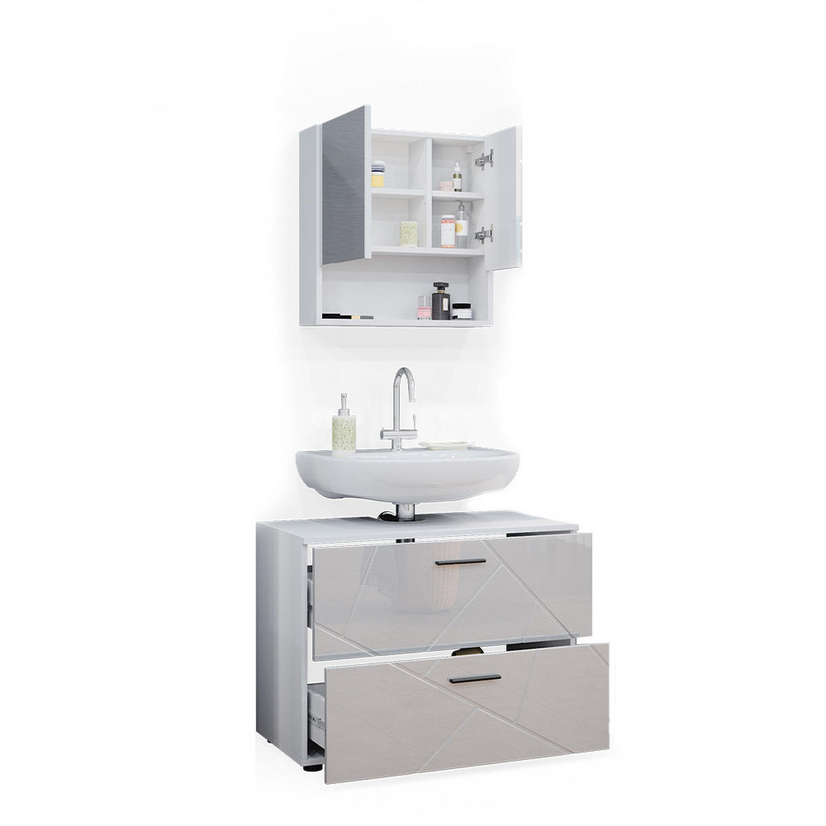 BADMÖBEL-SET Irma Weiß Hochglanz 2 Teile - Weiß Hochglanz/Weiß, Holzwerkstoff (80/58.6/41cm) - Vicco