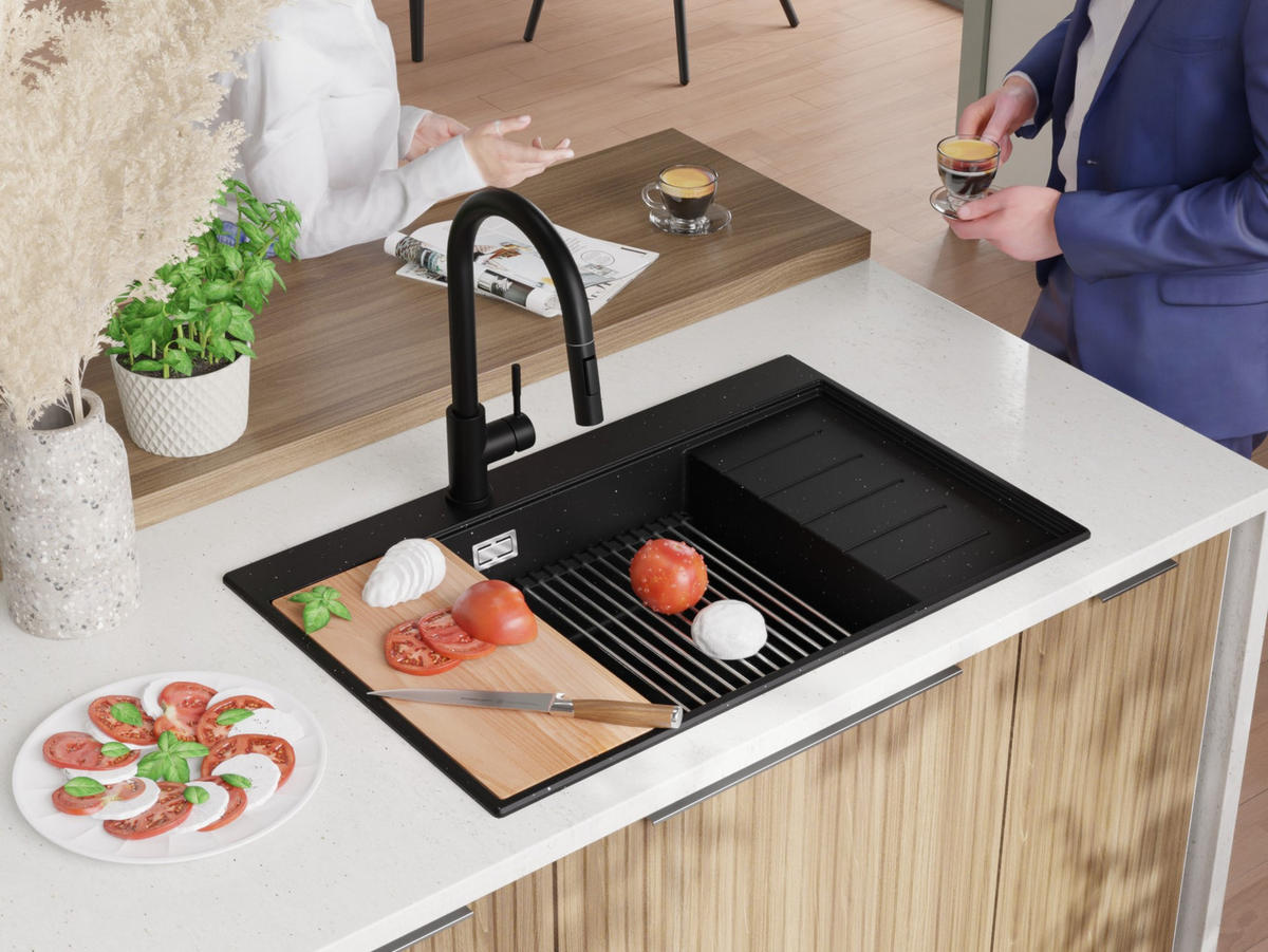 SPÜLBECKEN Sydney, 2-er set Schwarz Metallic 78/50 cm 1 Becken + Ablauf-Set + Küchenzubehörset ab 60er Unterschrank - Chromfarben/Schwarz Hochglanz, Kunststoff (78/20/50cm) - Primagran