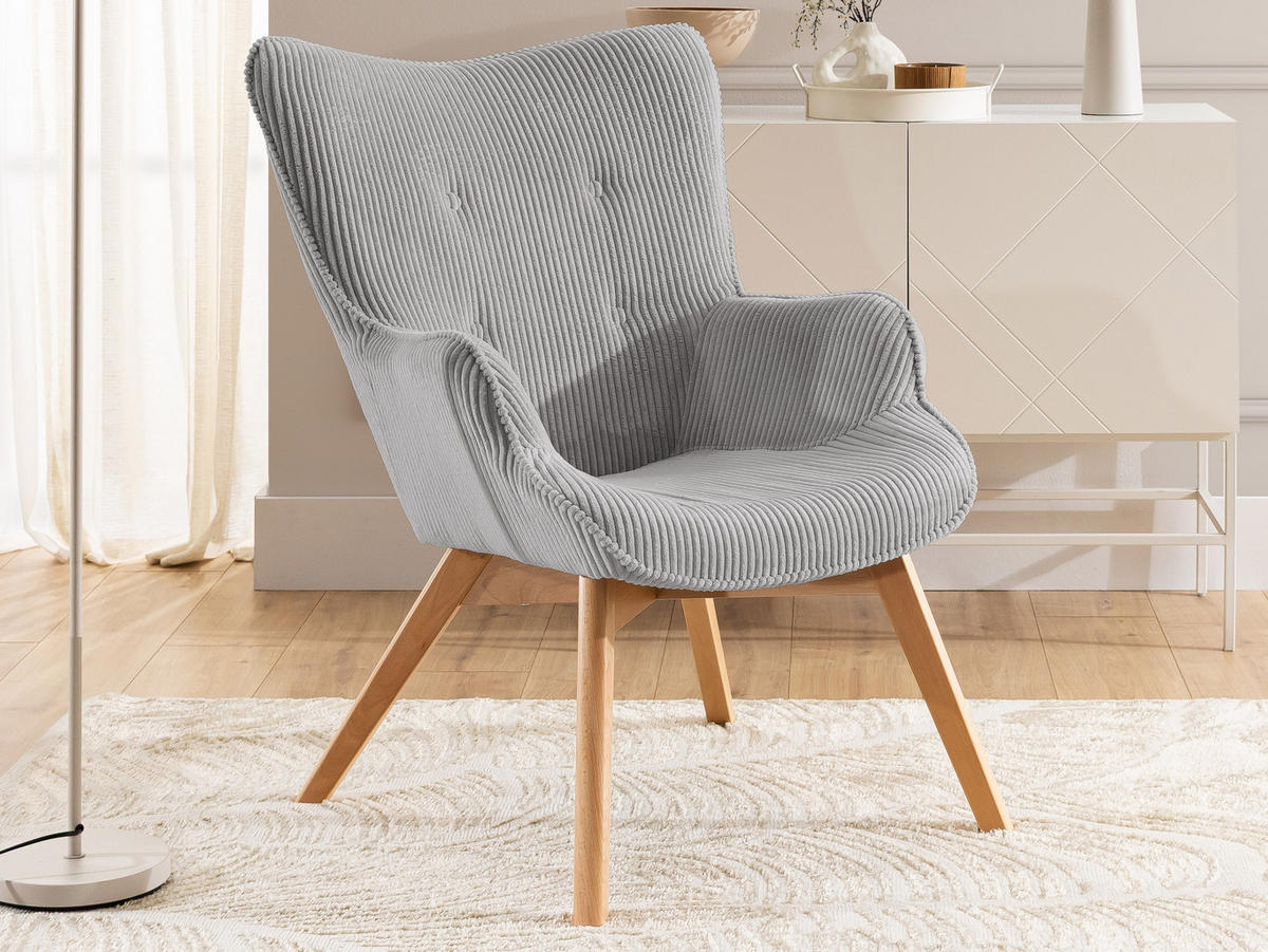LOUNGESESSEL mit Fußhocker Lenari Hellgrau Cordstoff mit Füßen in Natur - Hellgrau/Naturfarben, Holz/Textil (71/96/86cm) - S-Style Möbel