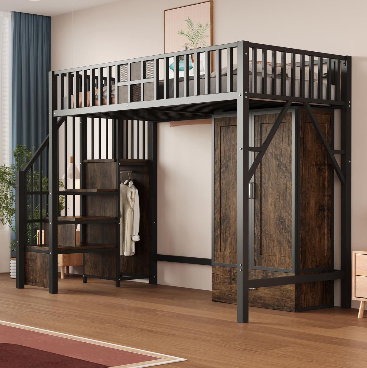 HOCHBETT 90/200 cm in Schwarz mit Stauraumleiter und Kleiderschrank - Schwarz, Metall (90/200cm) - BEAOK