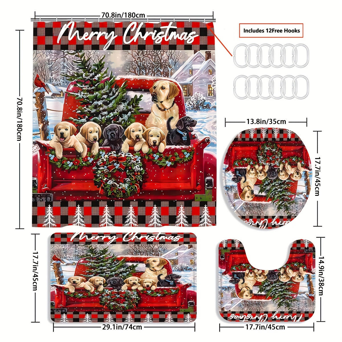 DUSCHVORHANG SET Weihnachten Muster Duschvorhang Bodenmatte Toilettenmatte - Rot, Textil (180/180cm) - MCBOSON