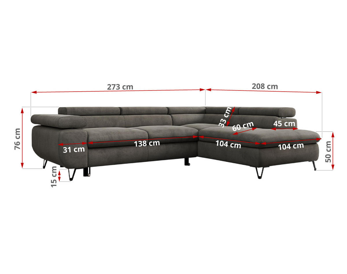 ECKSOFA PETER L Dunkelgrau Velvet - Links Seite - Dunkelgrau/Schwarz, Textil/Metall (208/273cm) - MKS