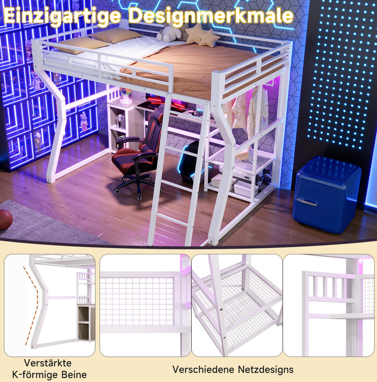 HOCHBETT 140/200 cm aus Metall/MDF mit Lichtleiste, Steckdose, Weiß - Weiß, Holzwerkstoff (140/200cm) - OKMYHOME