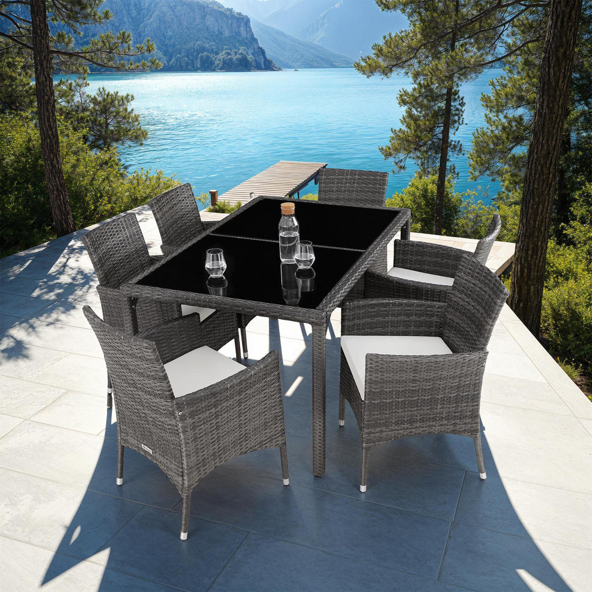 RATTAN SITZGRUPPE Porto,inklusive Schutzhülle,grau/weiß - Weiß/Grau, Kunststoff - tectake