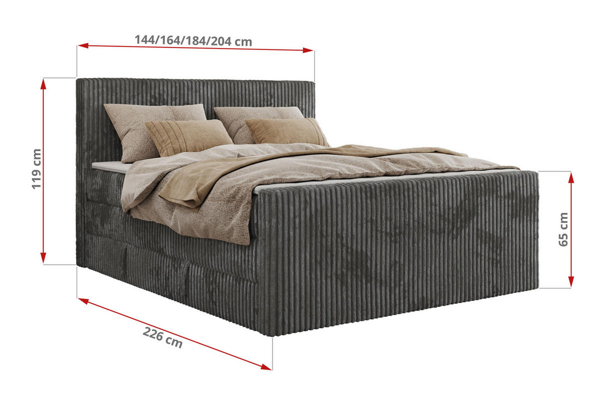 BOXSPRINGBETT TILIANO KING DUO 160/200 - Grau Cord - H4 - Grau, Textil (160/200cm) - MKS