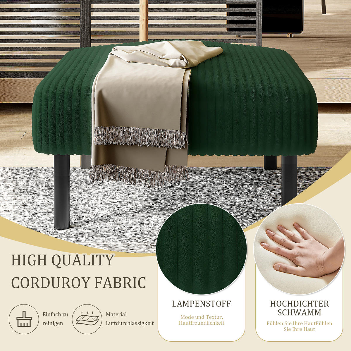 HOCKER Fußhocker Cord,Grün - Grün, Textil (56/39/51cm) - LVHOM