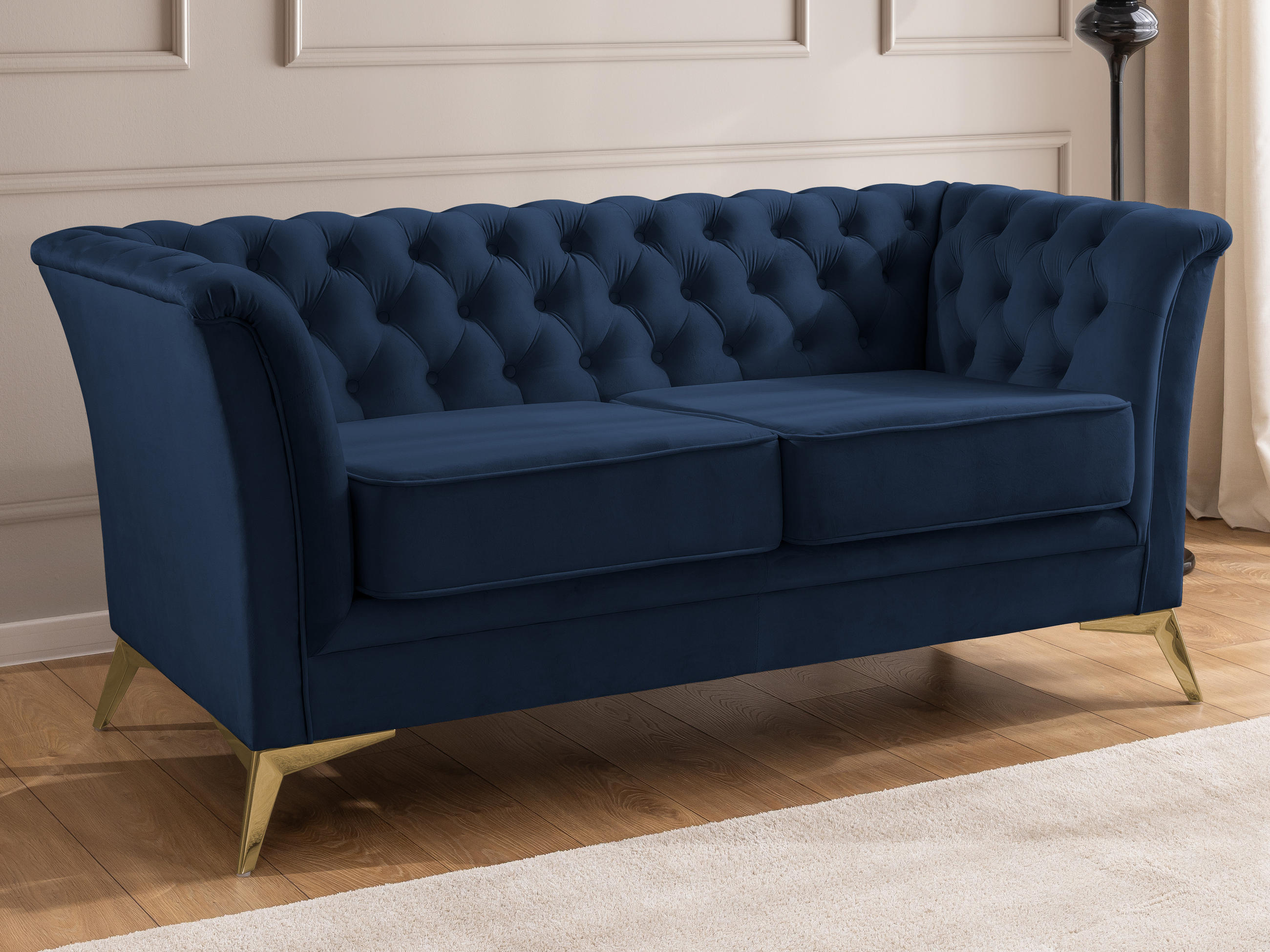 CHESTERFIELD-SOFA 2-sitzer Whitby Marineblau Samt mit goldenen Füßen - Goldfarben/Dunkelblau, Holz/Textil (175/78/82cm) - S-Style Möbel