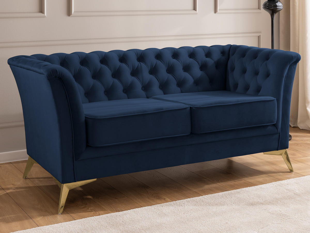 CHESTERFIELD-SOFA 2-sitzer Whitby Marineblau Samt mit goldenen Füßen - Goldfarben/Dunkelblau, Holz/Textil (175/78/82cm) - S-Style Möbel