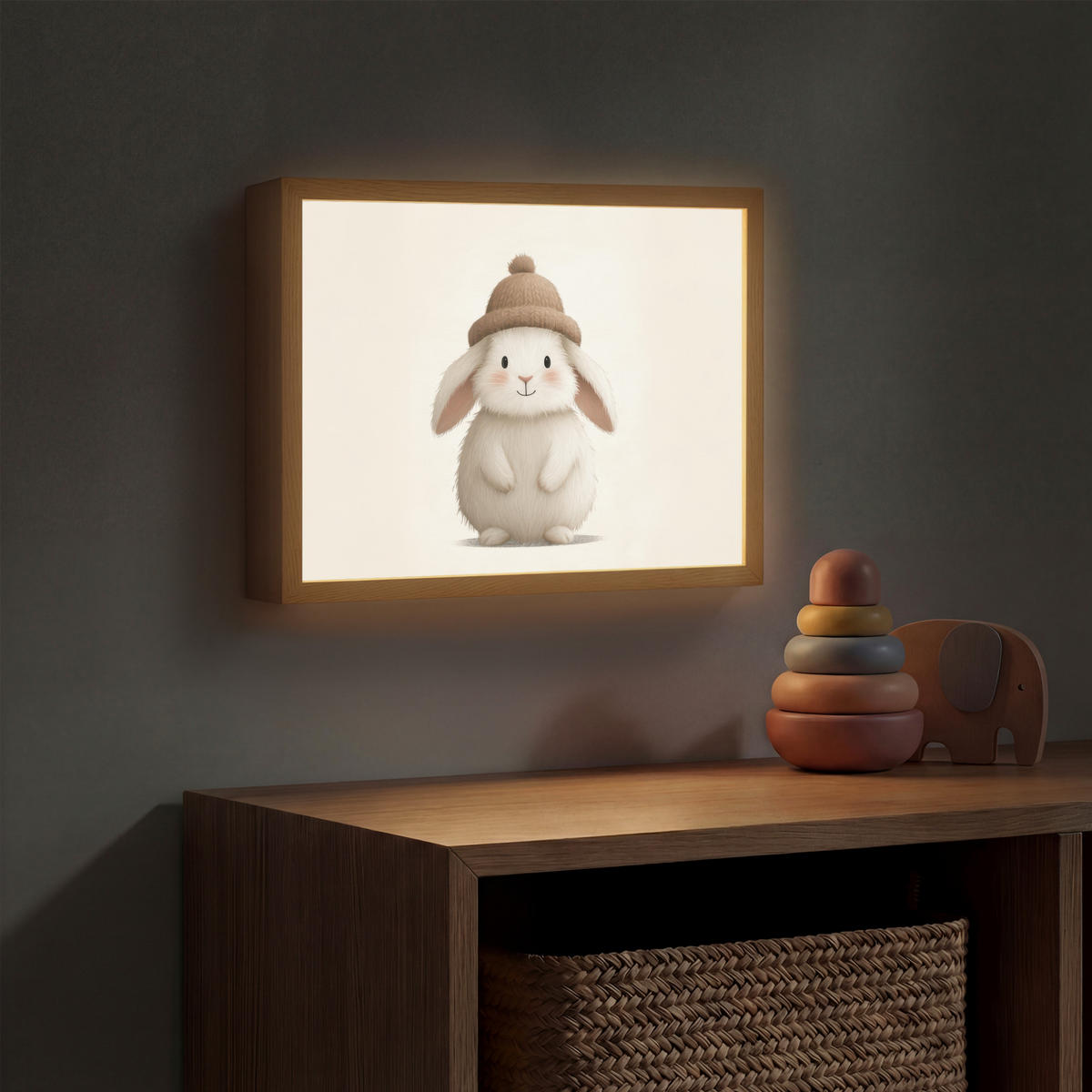 NÁSTĚNNÁ LAMPA S AKUMULÁTOREM Králík - Klobouk - Uši - béžový 40x30 cm - krémová, kompozitní dřevo (40/30/8cm) - OnlyWow