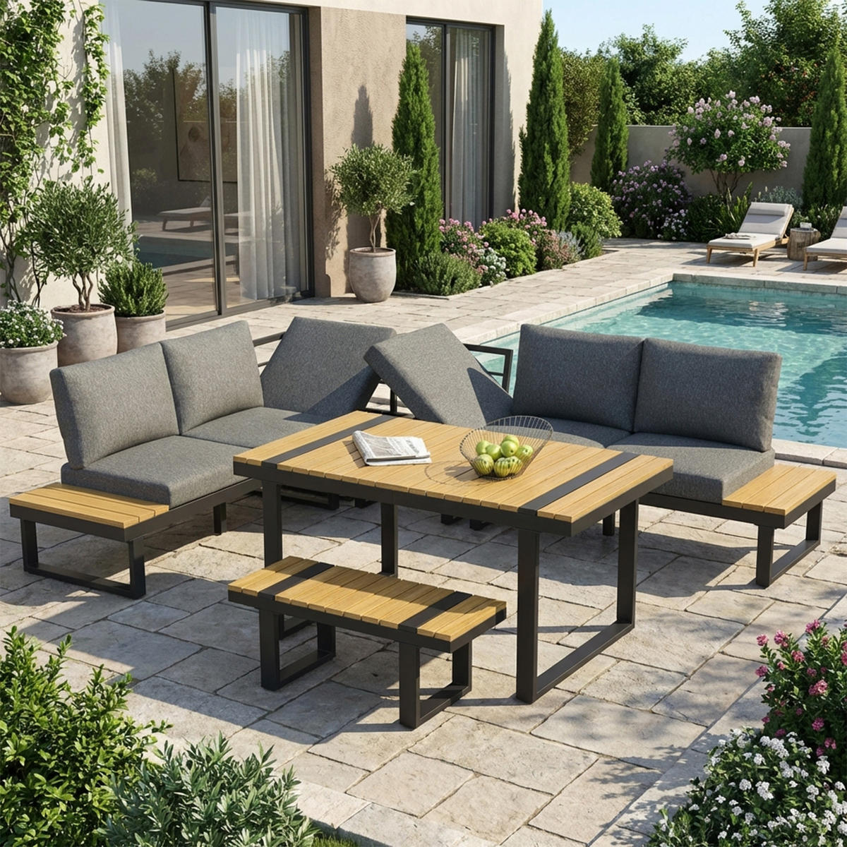 GARTEN-ESSGRUPPE, Eckstellung, Neigefunktion bis 55°, Grau/Schwarz - Multicolor, Textil - FLIEKS