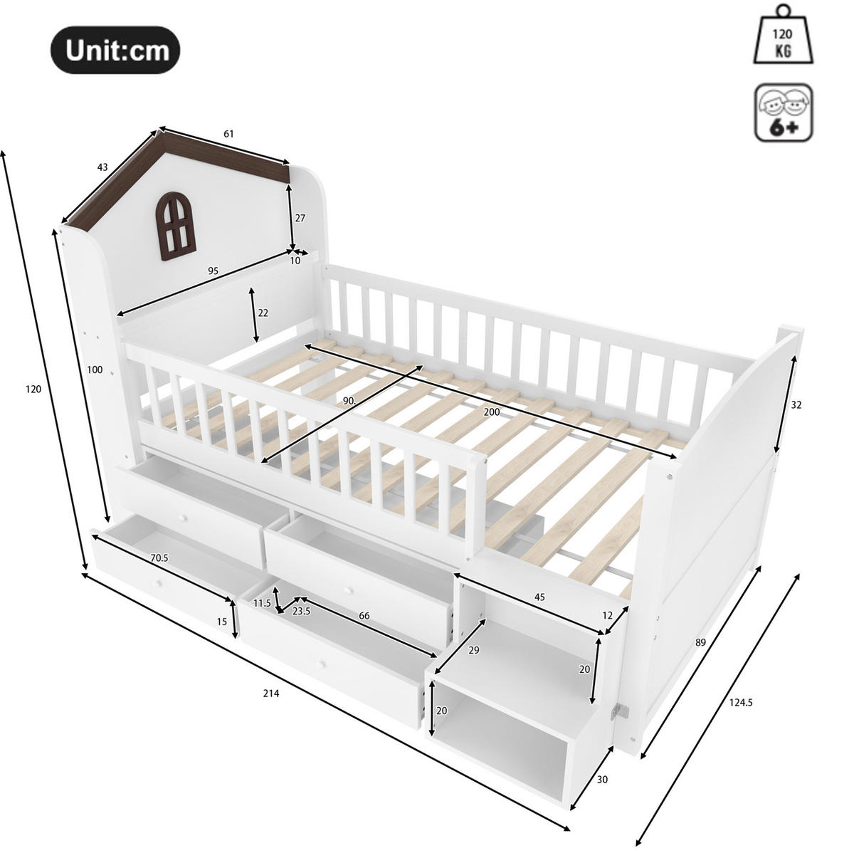 KINDERBETT 90/200 cm in Hausform mit LED, Stauraumleiter und 4 Schubladen - Weiß, Holz (90/200cm) - BEAOK
