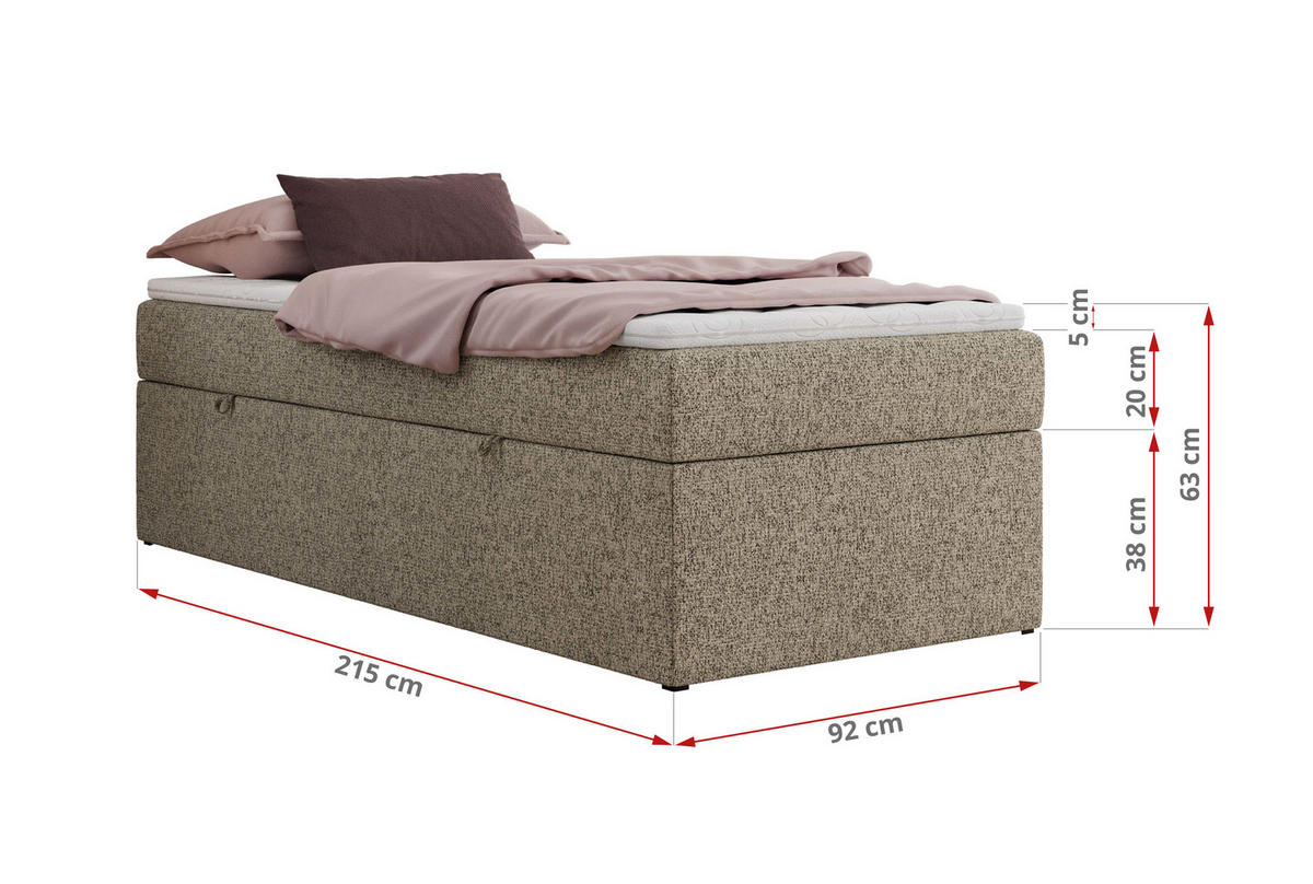 BOXBETT ZERO 90/200 - Dunkelbeige Struktur - H3 - Topper T25 - Cappuccino, Textil (90/200cm) - MKS