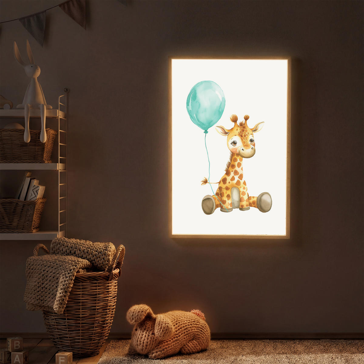 NACHTTISCHLAMPE MIT AKKU Giraffe - Baby - Tiere - Blauer Ballon 60x90 cm - Weiß, Holzwerkstoff (8/60/90cm) - OnlyWow