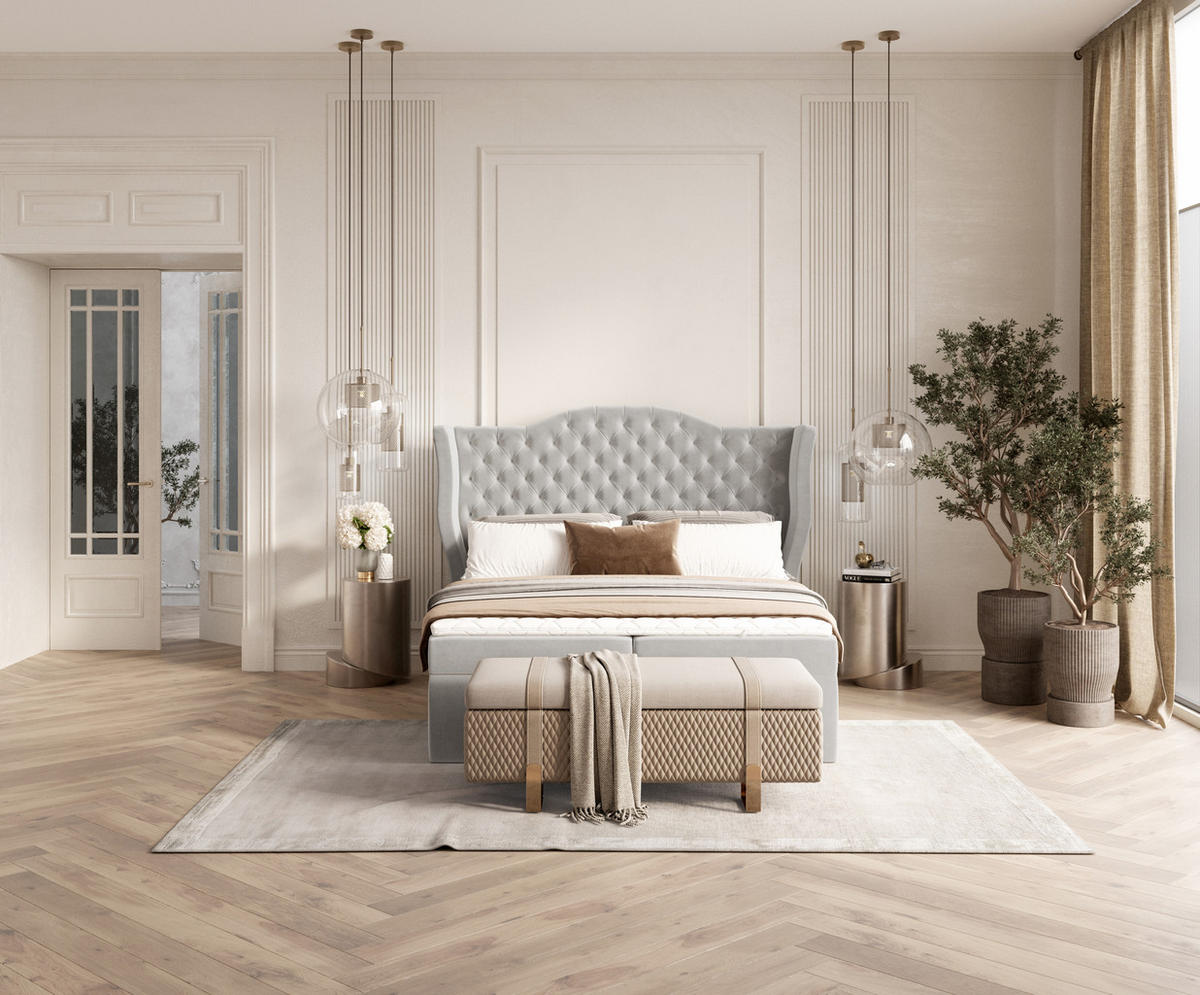 BOXBETT Royal Hellbeige 200/200 cm im Samtstoff - Hellgrau/Schwarz, Holz/Holzwerkstoff (200/200cm) - Maison de Reve