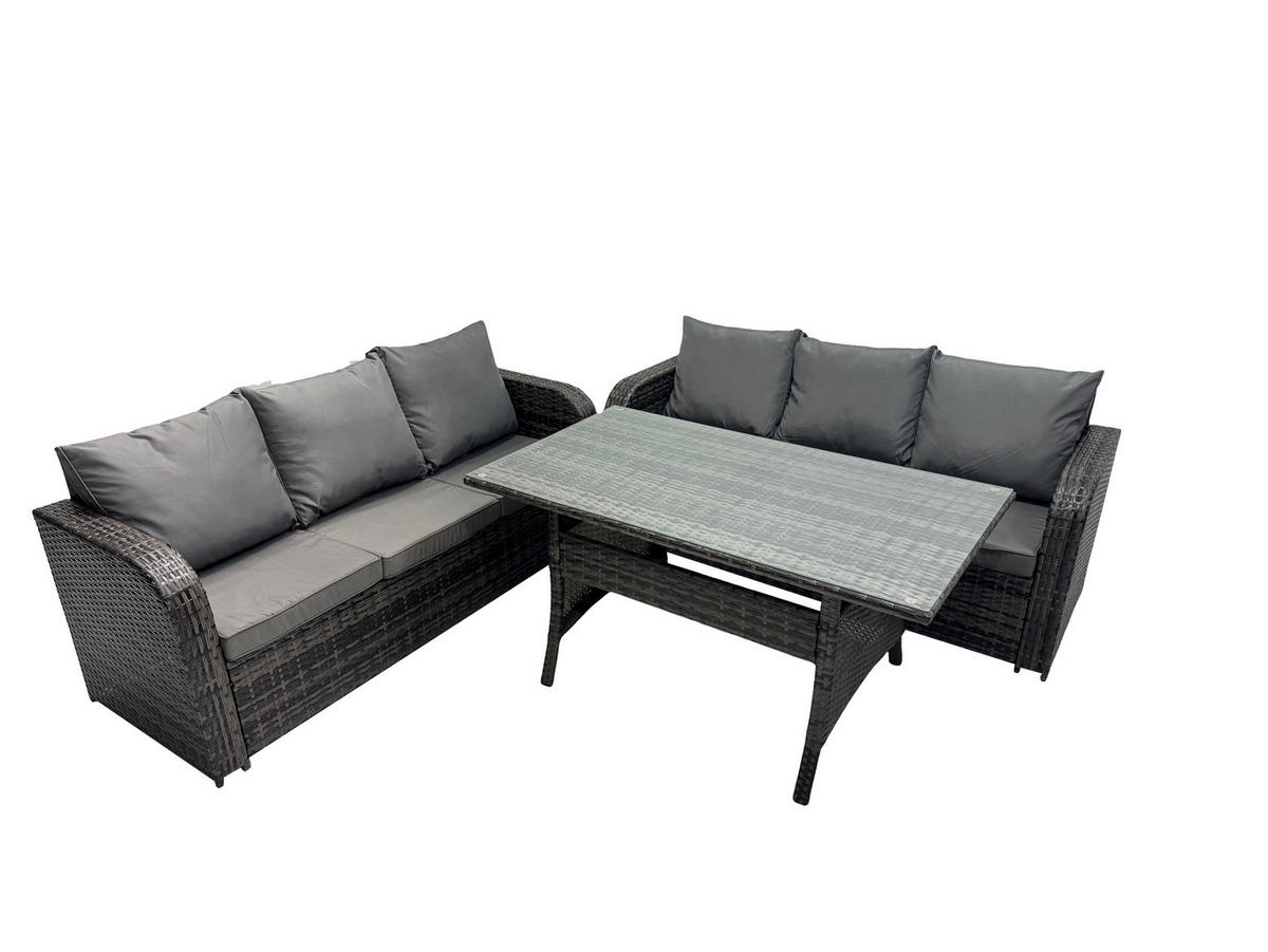 GARTENMÖBELGARNITUR mit Esstisch Polyrattan 6-Sitzer - Dunkelgrau/Grau, Glas/Kunststoff - Fimous