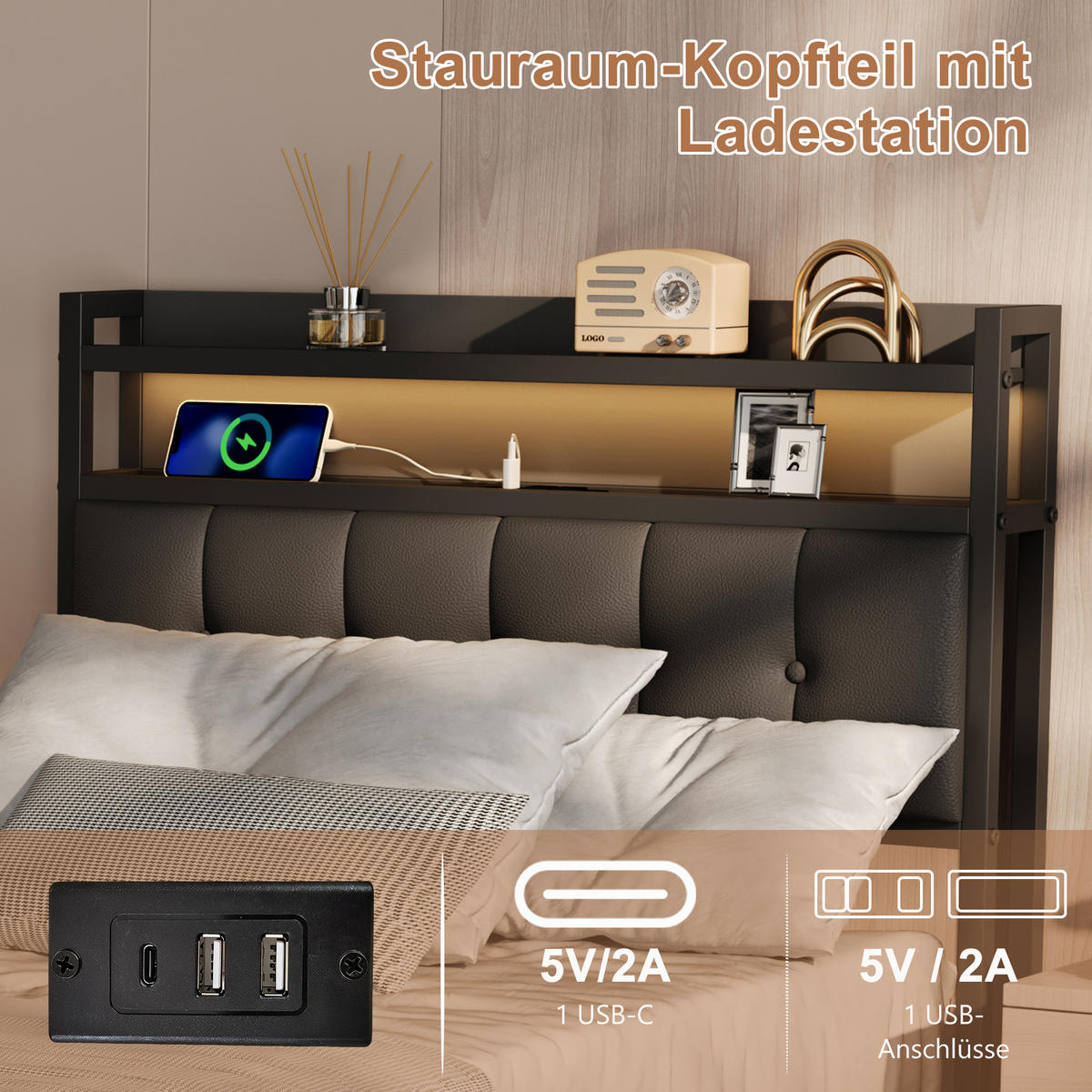 POLSTERBETT 90/200 cm,Einzelbett Schwarz aus Kunstleder，mit LED-Beleuchtung&USB-Ladefunktion - Schwarz/Naturfarben, Holz/Metall (90/200cm) - FURNISHINGS HOME