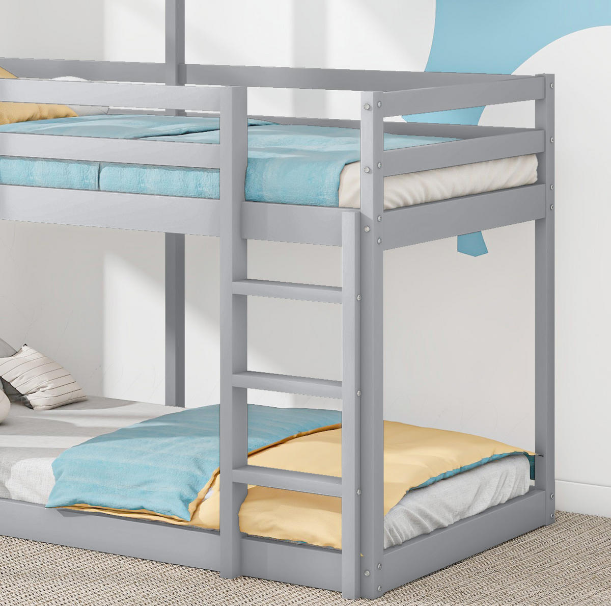 ETAGENBETT 90/200 cm mit Leiter, Baldachin und Sicherheitsgeländer aus Massivholz, Grau - Grau, Holzwerkstoff (90/200cm) - Redom