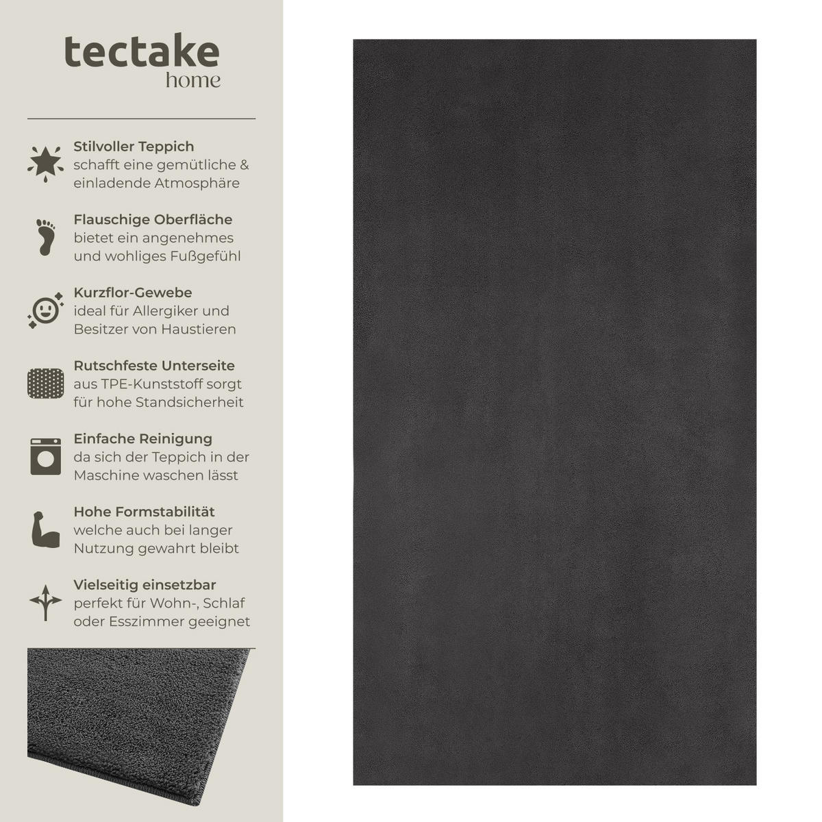 KURZFLORTEPPICH Soft Zone,rutschfeste Unterseite,anthrazit - Anthrazit, Kunststoff (150/80cm) - tectake