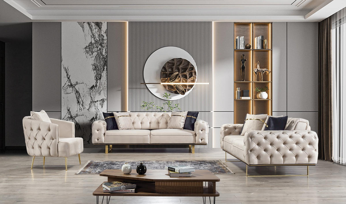 SITZGARNITUR Roma Beige Stellvariante:3+3+1 - Beige, Holz (240/81/103cm) - Villa Möbel