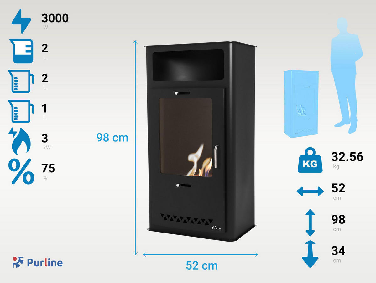 BIOETHANOL-OFEN Schwarz inklusive 2 L-Tank und 3 kW Leistung - Schwarz, Metall (52/98/34cm) - Purline