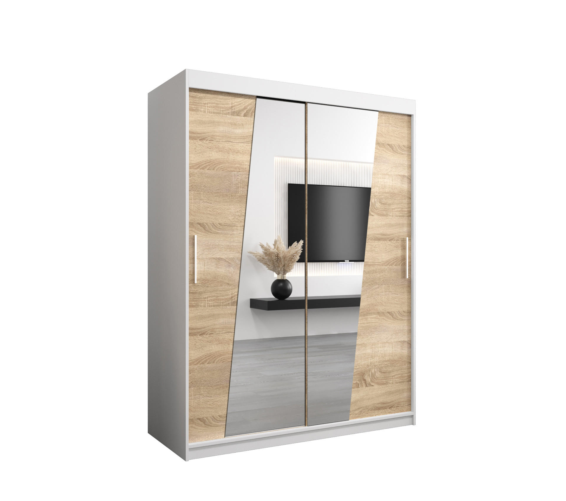 Abiks Möbel Schwebetürenschrank Weiß, Sonoma Eiche 150x200x62 cm