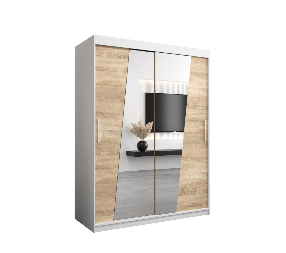 SCHWEBETÜRENSCHRANK 200/150/62 2-türig - Silberfarben/Weiß, Holz/Kunststoff (150/200/62cm) - Abiks Möbel