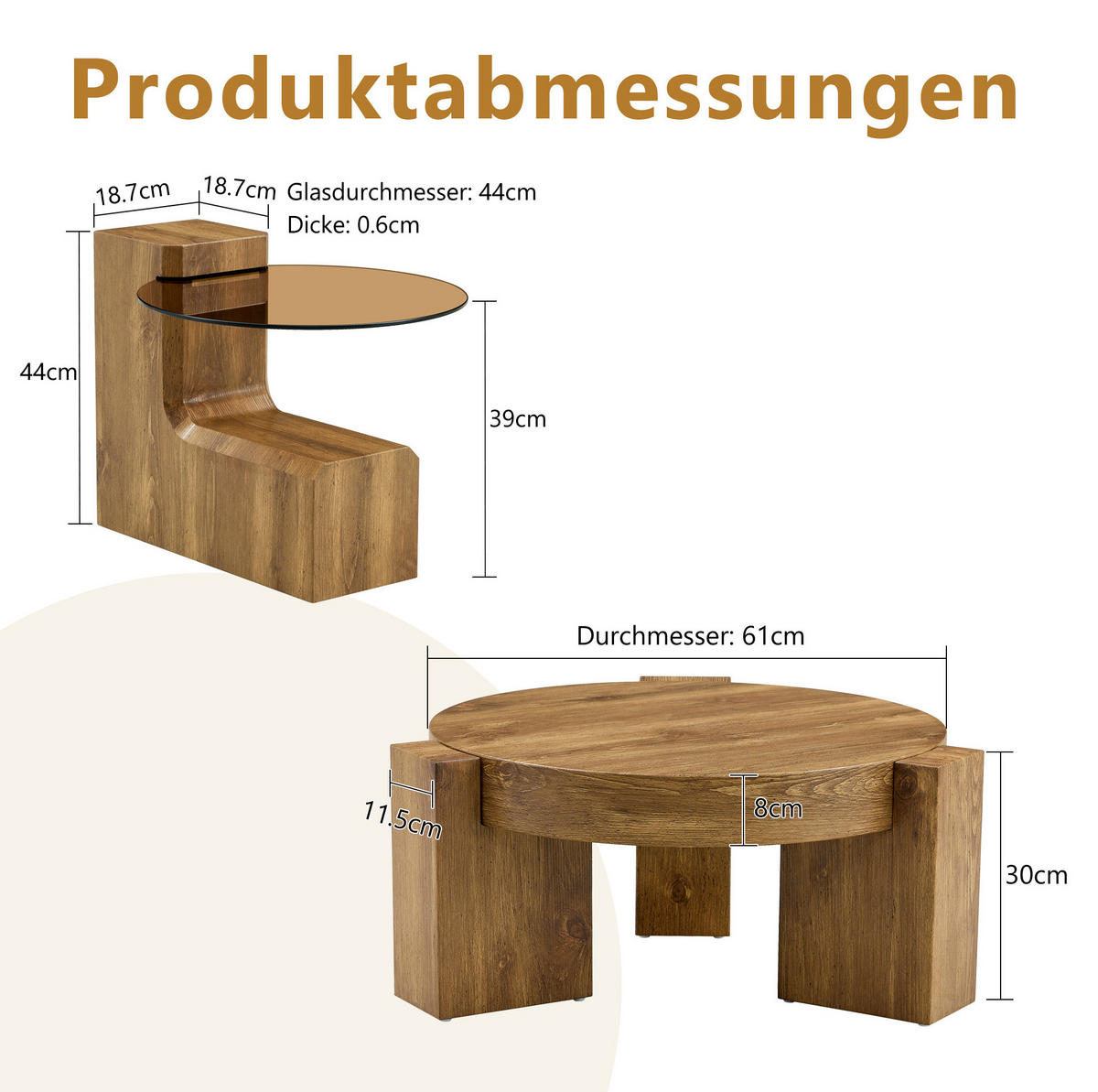 COUCHTISCH-SET 61/44 cm aus MDF und Glas, 2-teilig mit Ablage - Naturfarben, Holzwerkstoff (61/61/36cm) - Flora Grace